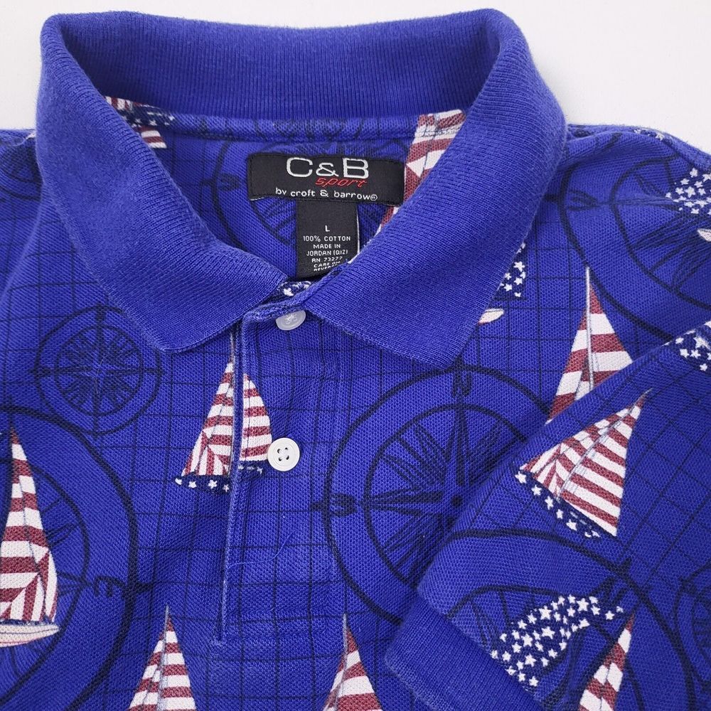C & B SPORT By Croft & Barrow Red,White,Blue Polo Shirt Sailboat Patriotic Large